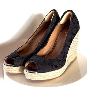 Coach Milan Signature Black Logo Peep Toe Espadrille Wedges Heels y2k